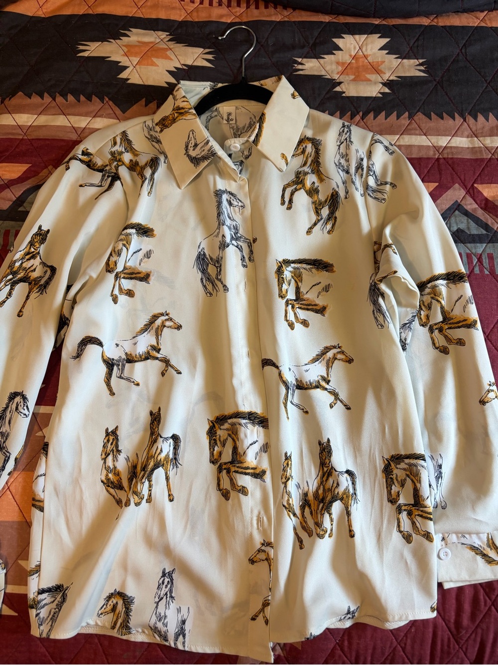 Cream Horse Print Button-Down Blouse